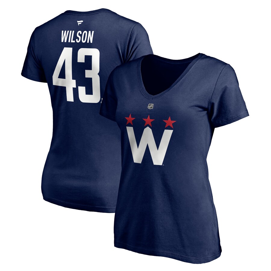 Women's Washington Capitals Tom Wilson Fanatics Navy 2020/21 Alternate Authentic Stack Name & Number V-Neck T-Shirt