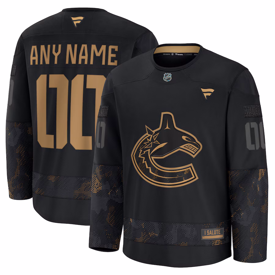 Men's Vancouver Canucks Fanatics Black 2024 Military Appreciation Custom Practice Jersey
