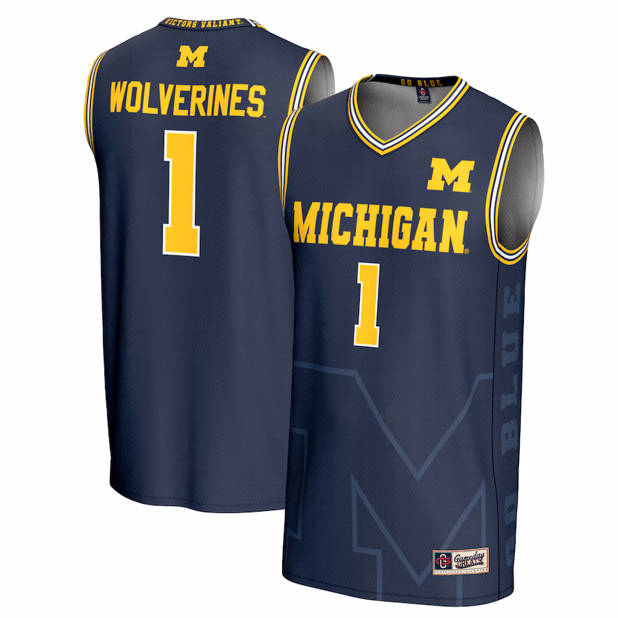 Youth GameDay Greats #1 Navy Michigan Wolverines Icon Print Lightweight Basketball Fashion Jersey
