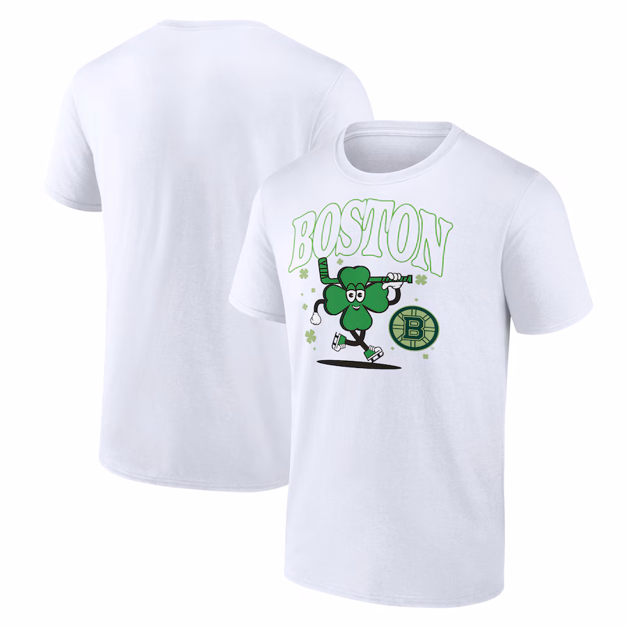 Men's Boston Bruins White Clover Mascot T-Shirt