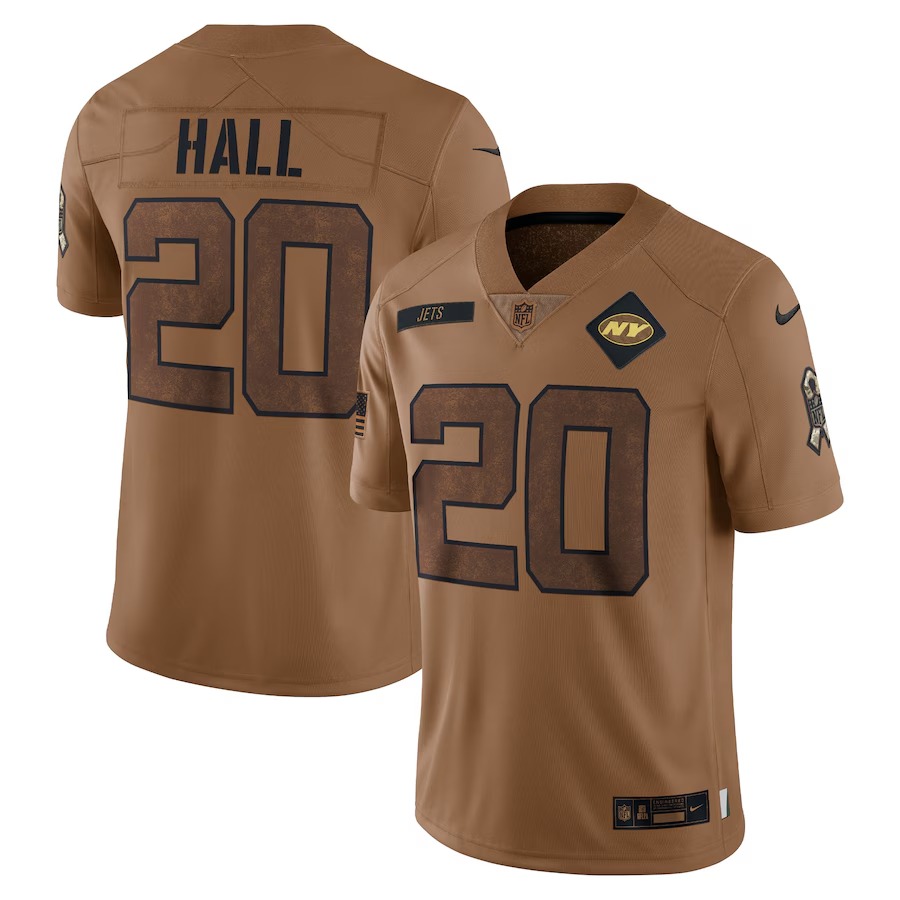 Women's New York Jets Breece Hall Nike Brown 2023 Salute To Service Limited Jersey
