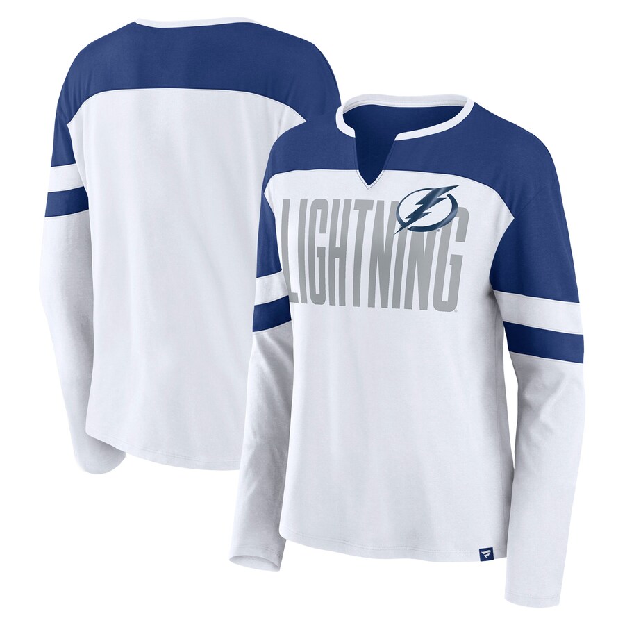 Women's Tampa Bay Lightning Fanatics White/Blue Frozen Long Sleeve Notch Neck T-Shirt
