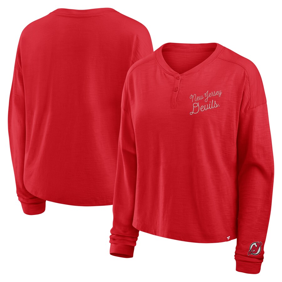 Women's New Jersey Devils Fanatics Red Oversized All Out Effort Long Sleeve Henley T-Shirt