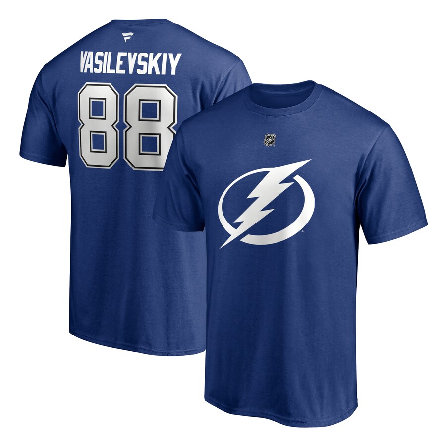 Men's Tampa Bay Lightning Andrei Vasilevskiy Fanatics Blue Authentic Stack Name & Number T-Shirt