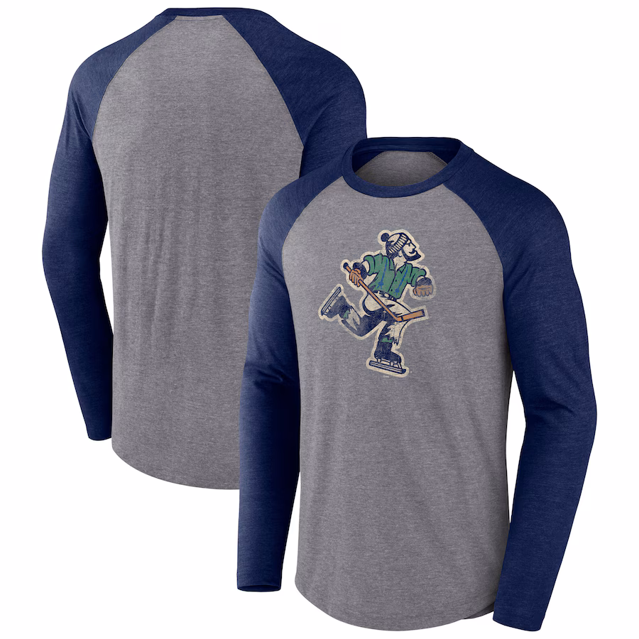 Men's Vancouver Canucks Fanatics Heather Gray Reverse Retro Raglan Tri-Blend Long Sleeve T-Shirt