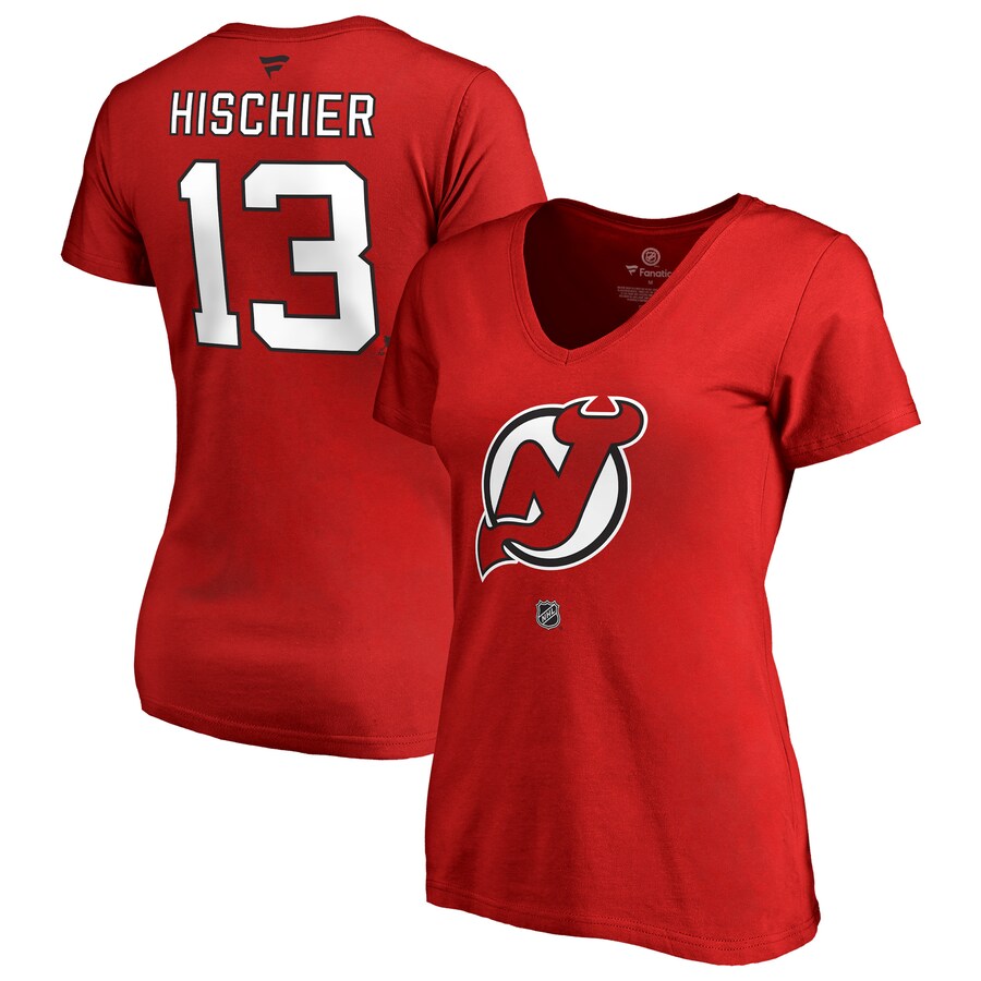 Women's New Jersey Devils Nico Hischier Red Authentic Stack Name & Number V-Neck T-Shirt