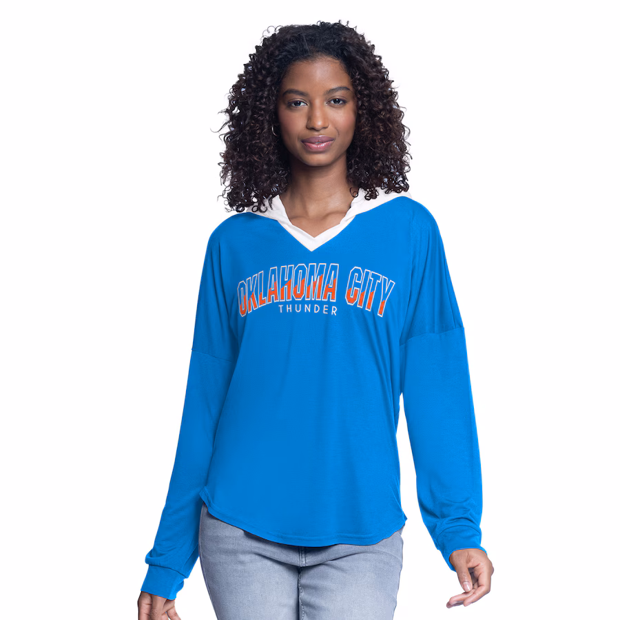 Women's Oklahoma City Thunder G-III 4Her by Carl Banks Blue Bench Player Oversized Long Sleeve Hooded Top