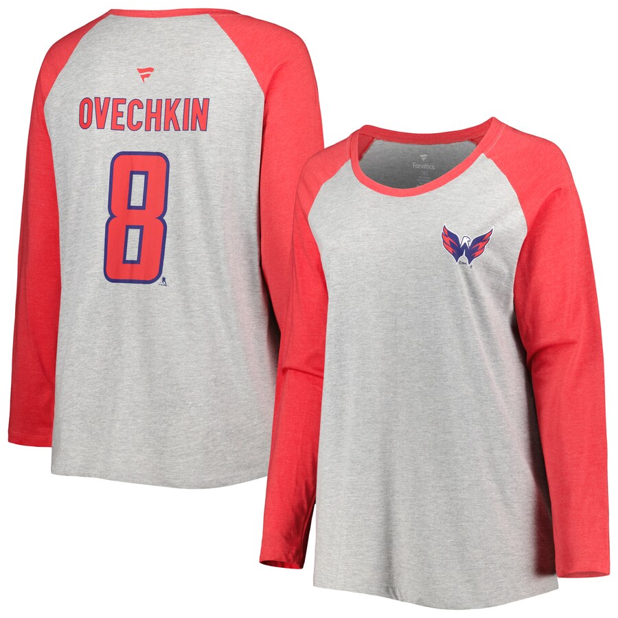 Women's Washington Capitals Alexander Ovechkin Fanatics Heather Gray/Heather Red Plus Size Name & Number Raglan Long Sleeve T-Shirt