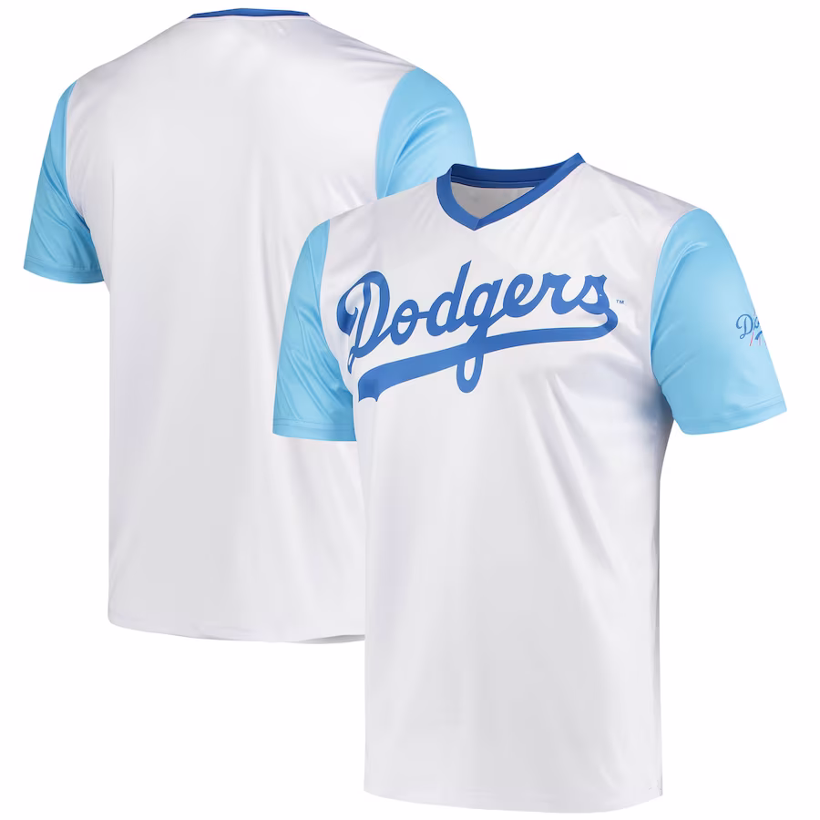 Men's Los Angeles Dodgers Stitches White Cooperstown Collection Wordmark V-Neck Jersey