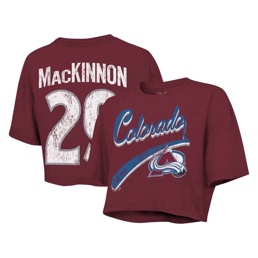 Women's Colorado Avalanche Nathan MacKinnon Majestic Threads Maroon Behind The Net Boxy Name & Number Cropped T-Shirt