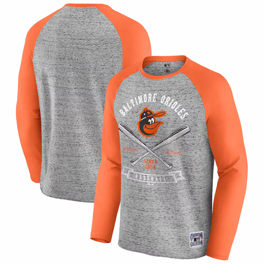 Men's Baltimore Orioles Darius Rucker Collection by Fanatics Heather Gray Raw Edge Raglan Long Sleeve Baseball T-Shirt