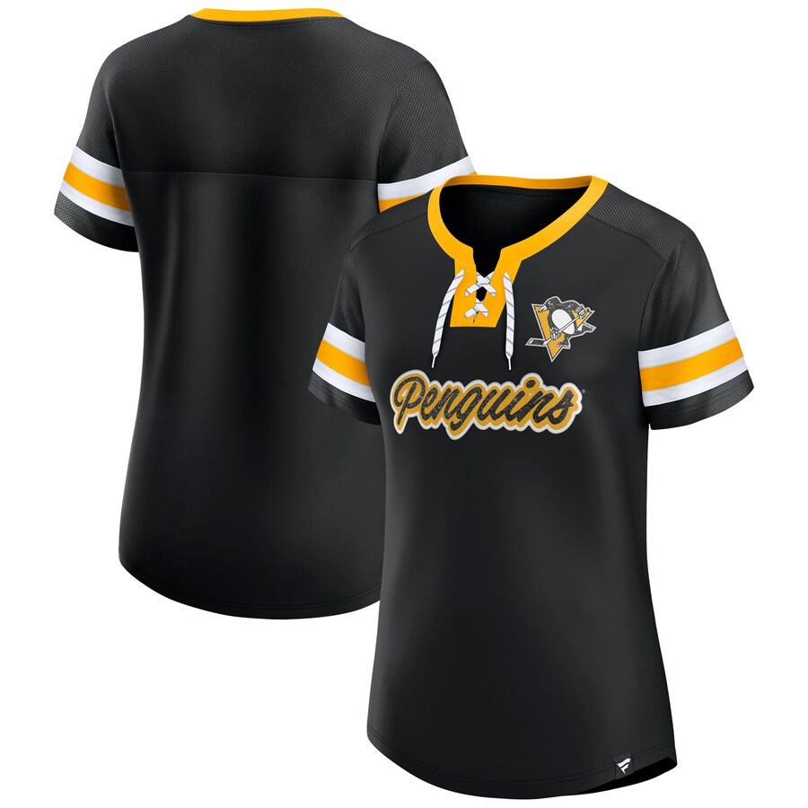 Women's Pittsburgh Penguins Fanatics Black Iconic Athena Lace-Up T-Shirt