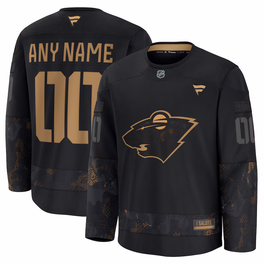Men's Minnesota Wild Fanatics Black 2024 Military Appreciation Personalized Long Sleeve Practice Jersey
