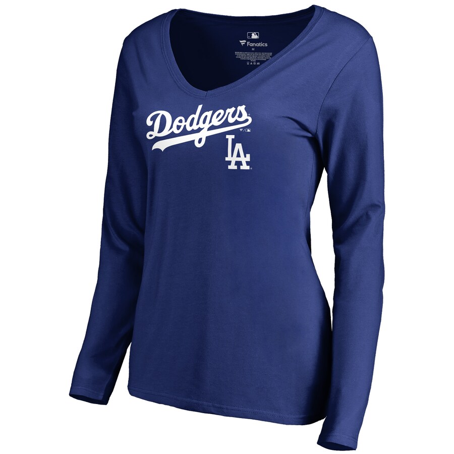 Women's Los Angeles Dodgers Royal Team Lockup Slim Fit Long Sleeve V-Neck T-Shirt