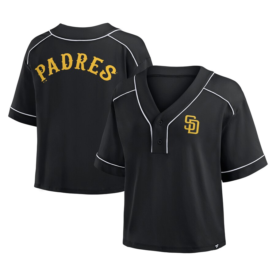 Women's San Diego Padres Fanatics Black Oversized Champ Game Cropped V-Neck T-Shirt
