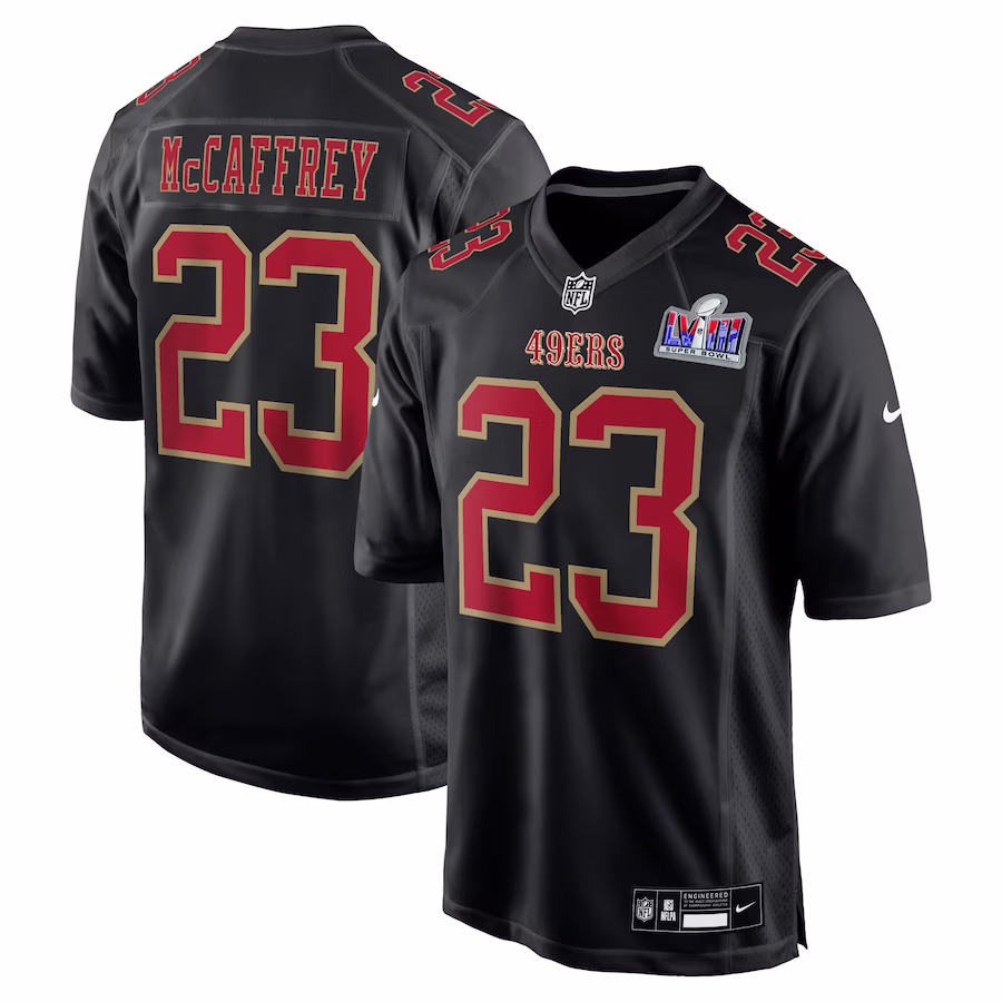 Men's San Francisco 49ers Christian McCaffrey Nike Black Super Bowl LVIII Carbon Fashion Game Player Jersey