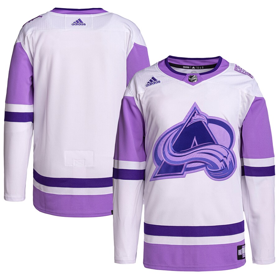 Men's Colorado Avalanche adidas White/Purple Hockey Fights Cancer Primegreen Authentic Blank Practice Jersey