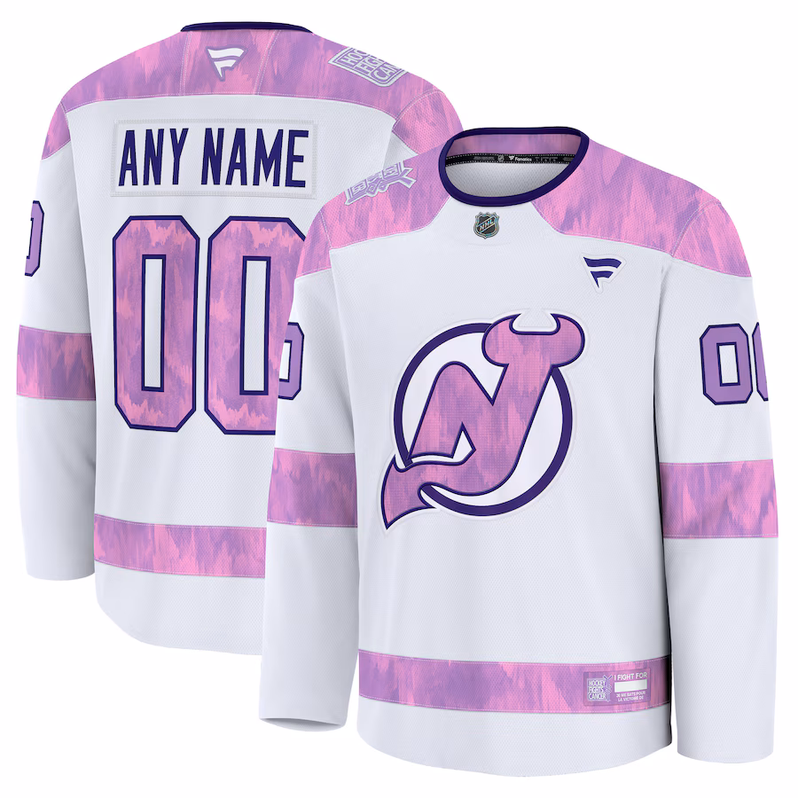 Men's New Jersey Devils Fanatics White 2024 Hockey Fights Cancer Custom Practice Jersey