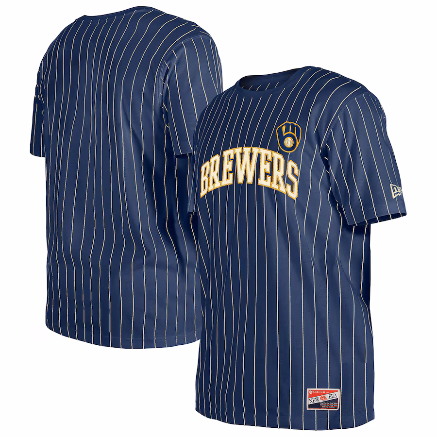 Men's Milwaukee Brewers New Era Navy Throwback Pinstripe T-Shirt