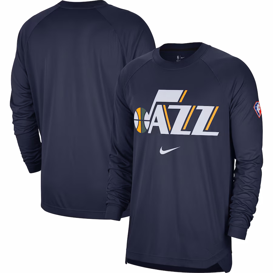 Men's Utah Jazz Nike Navy 75th Anniversary Pregame Shooting Performance Raglan Long Sleeve T-Shirt