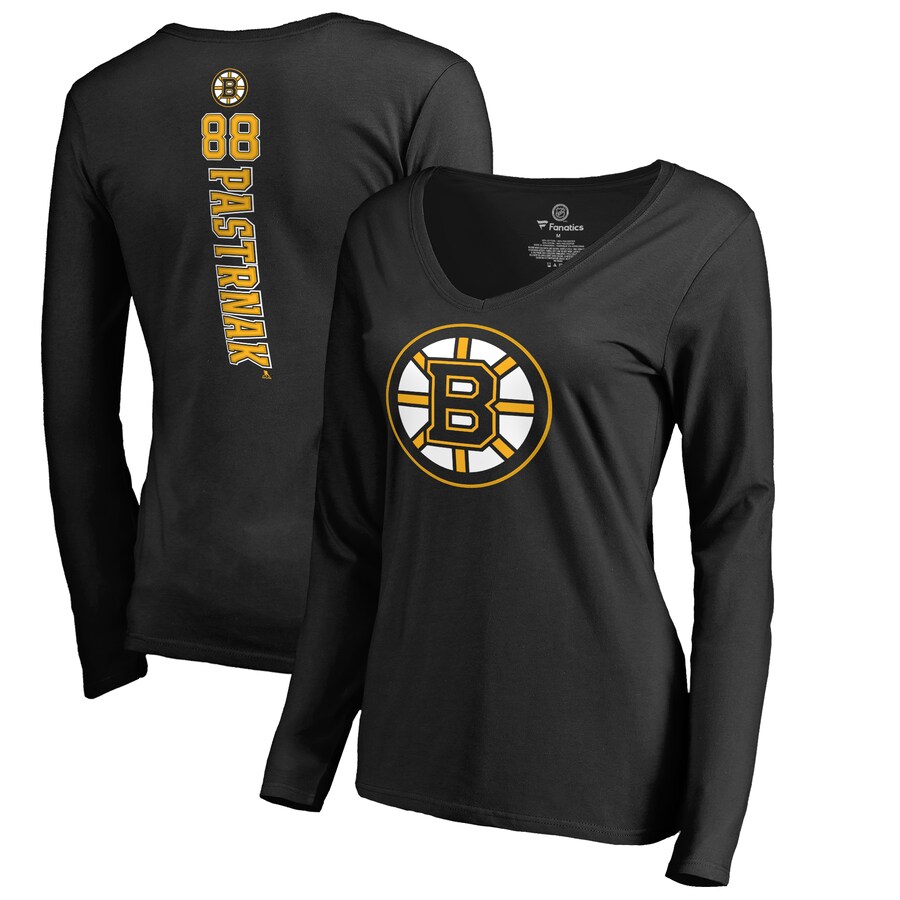 Women's Boston Bruins David Pastrnak Black Backer V-Neck Long Sleeve T-Shirt