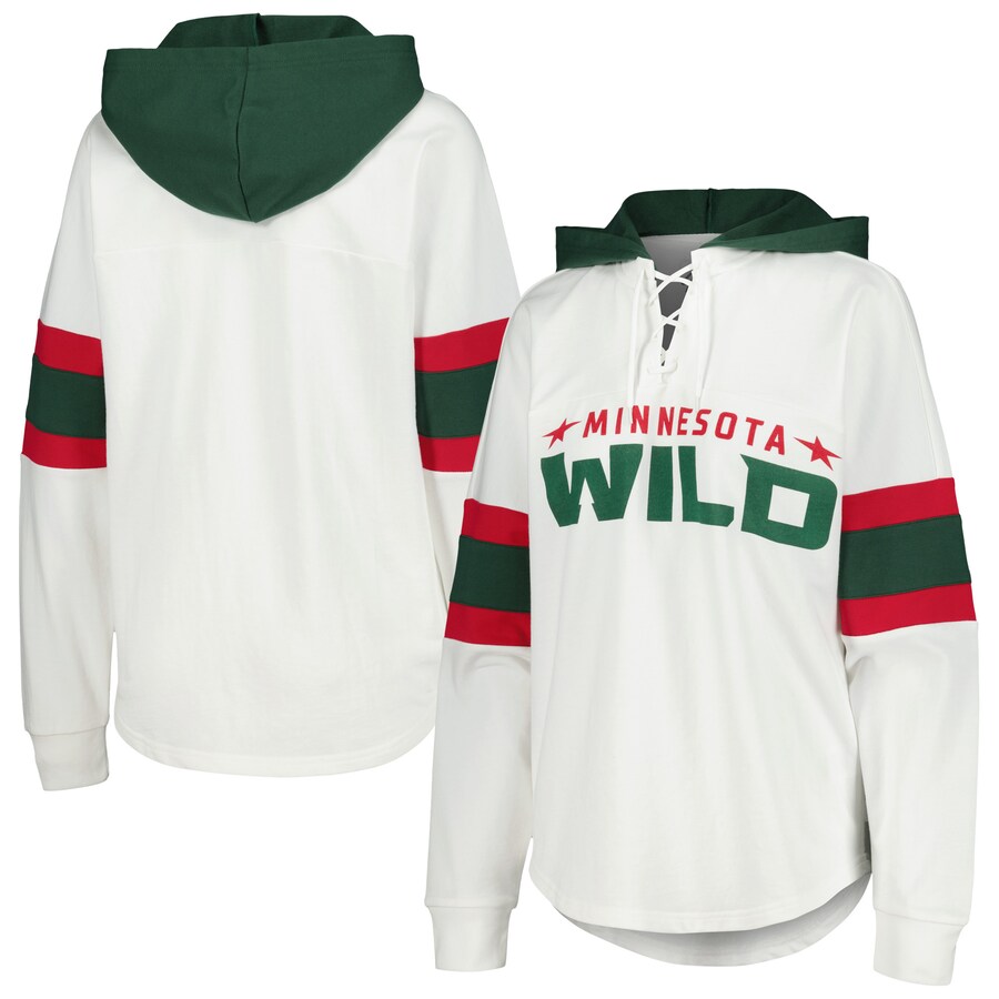 Women's Minnesota Wild G-III 4Her by Carl Banks White/Green Goal Zone Long Sleeve Lace-Up Hoodie T-Shirt