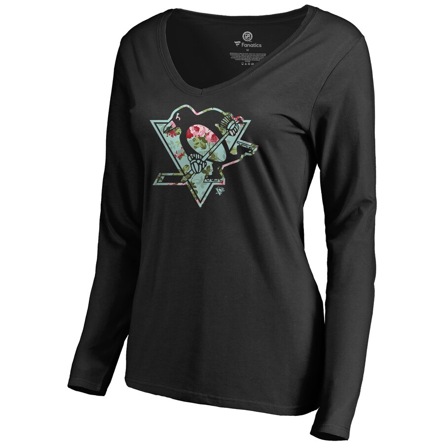 Women's Pittsburgh Penguins Black Lovely Long Sleeve V-Neck T-Shirt