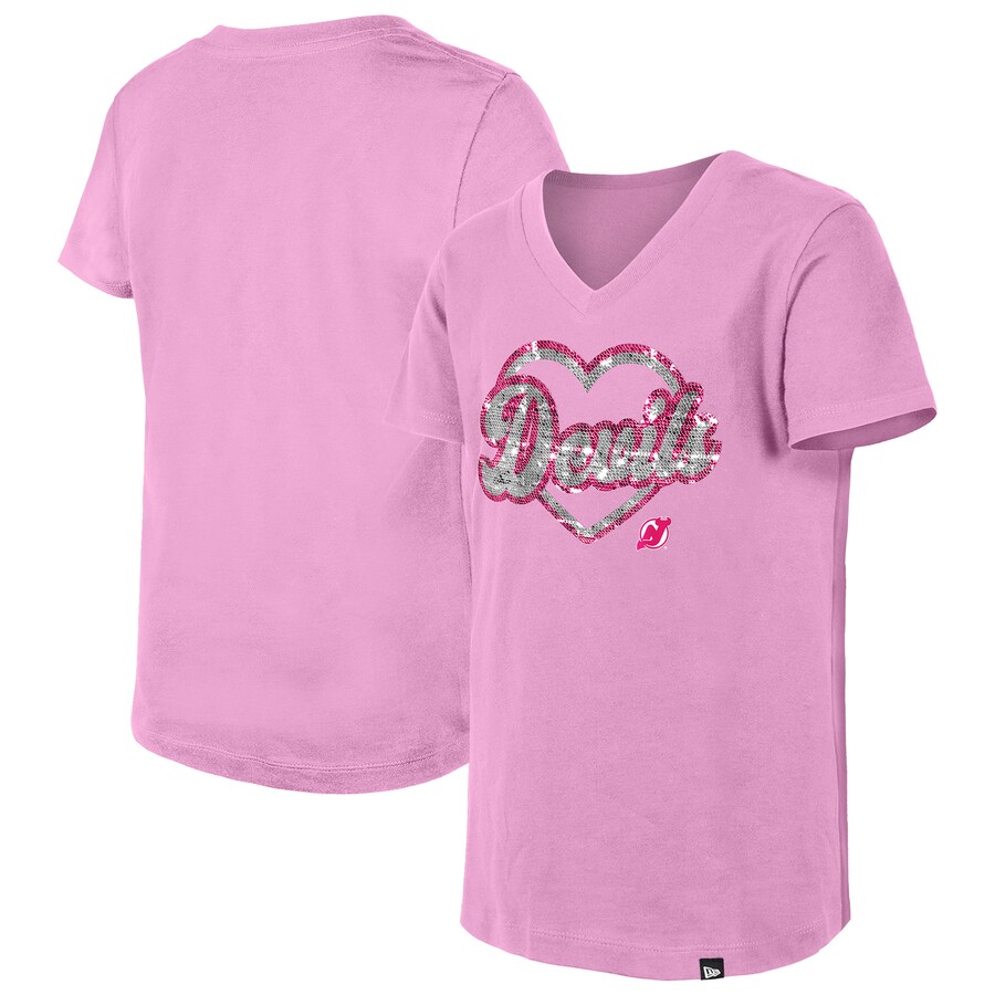 Girl's Youth New Jersey Devils New Era Pink Flip Sequin V-Neck T-Shirt