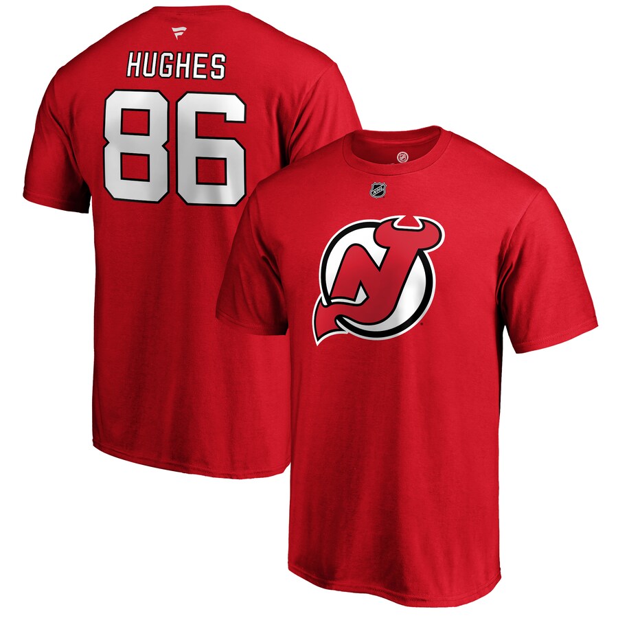 Men's New Jersey Devils Jack Hughes Fanatics Red Authentic Stack Name & Number T-Shirt