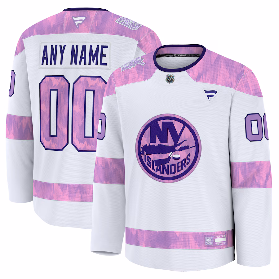 Men's New York Islanders Fanatics White 2024 Hockey Fights Cancer Custom Practice Jersey