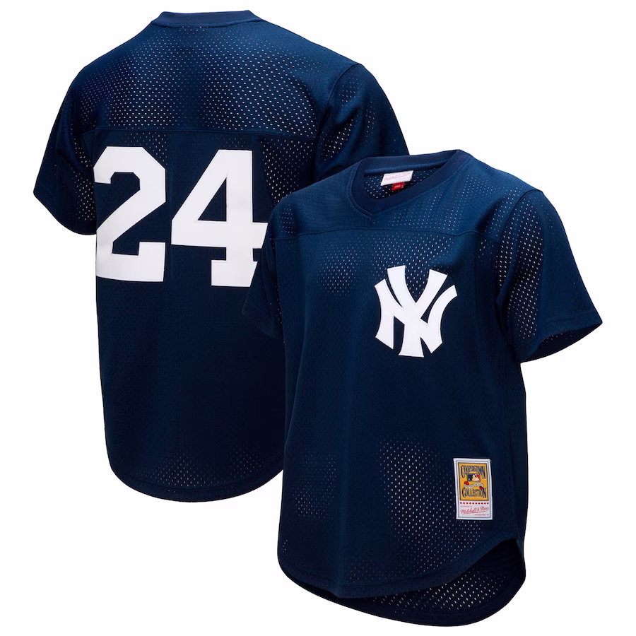Men's New York Yankees Rickey Henderson Mitchell & Ness Navy Cooperstown Collection Mesh Batting Practice Button-Up Jersey