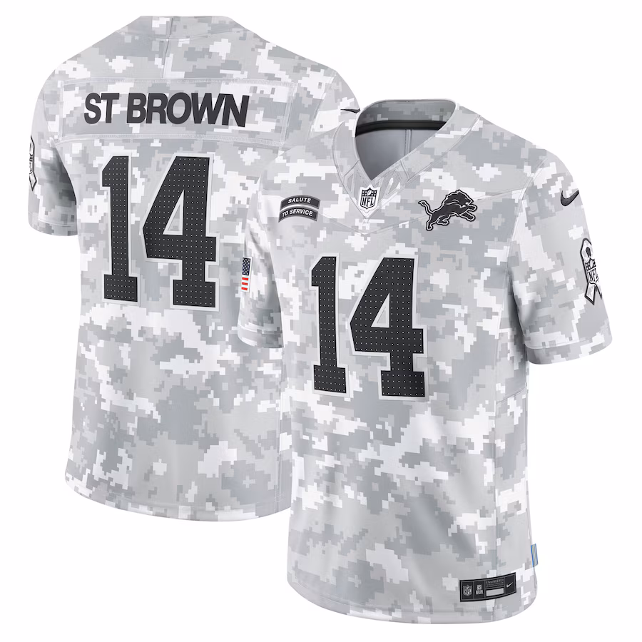 Men's Detroit Lions Amon-Ra St. Brown Nike Arctic Camo 2024 Salute to Service Limited Jersey