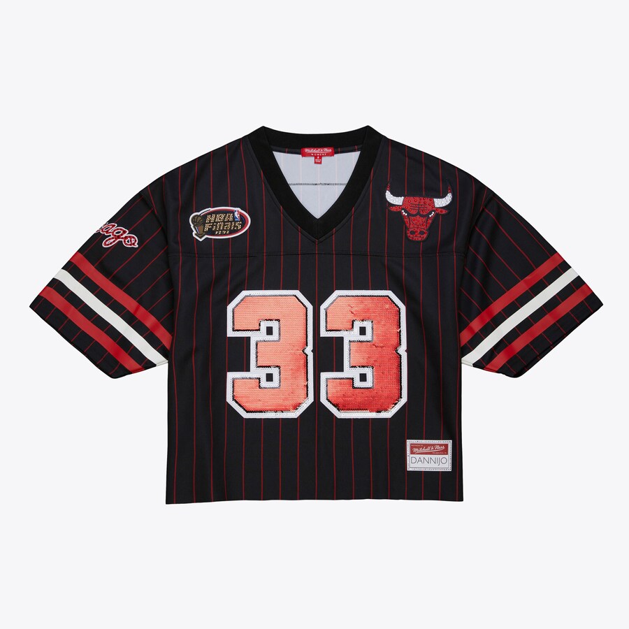 Women's Chicago Bulls Scottie Pippen Mitchell & Ness x DANNIJO Black Cropped Football Fashion Jersey