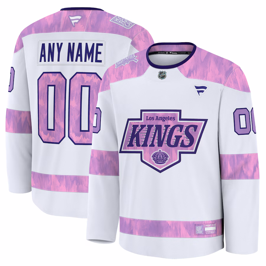 Men's Los Angeles Kings Fanatics White 2024 Hockey Fights Cancer Custom Practice Jersey