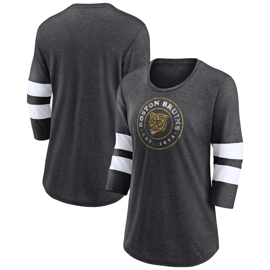 Women's Boston Bruins Fanatics Heather Charcoal One Timer Tri-Blend Scoop Neck 3/4-Sleeve T-Shirt
