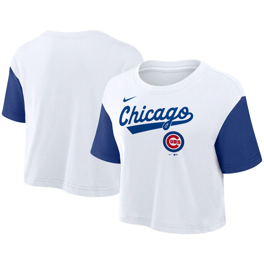 Women's Chicago Cubs Nike White/Royal Script Cropped Performance T-Shirt
