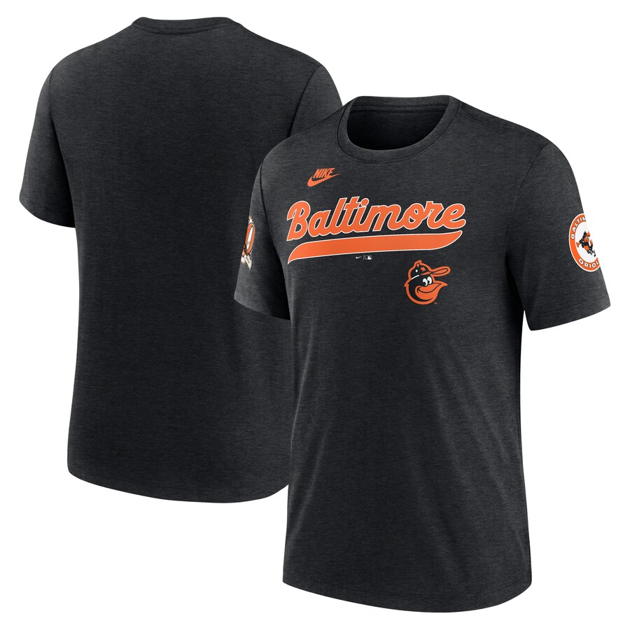 Men's Baltimore Orioles Nike Heather Black Cooperstown Collection Eras Tri-Blend T-Shirt