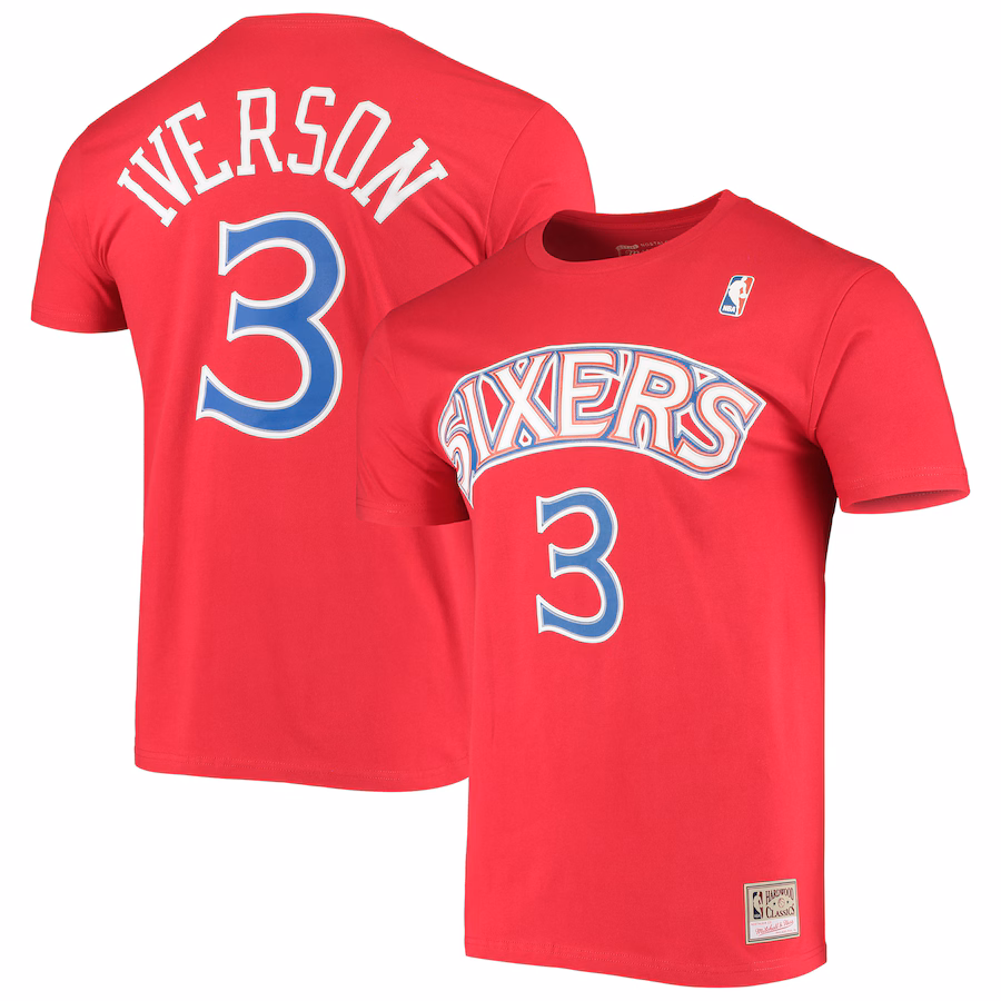 Men's Philadelphia 76ers Allen Iverson Mitchell & Ness Red Hardwood Classics Stitch Name & Number T-Shirt