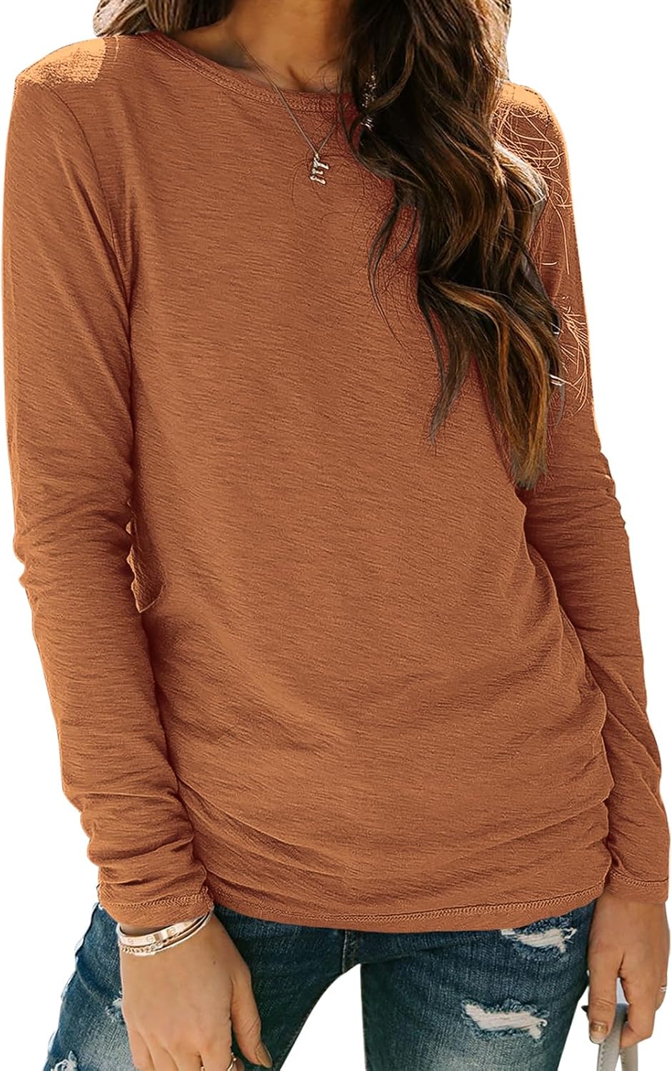 Sherosa Women’s Long Sleeve Crewneck Tops Basic Tee Blouse