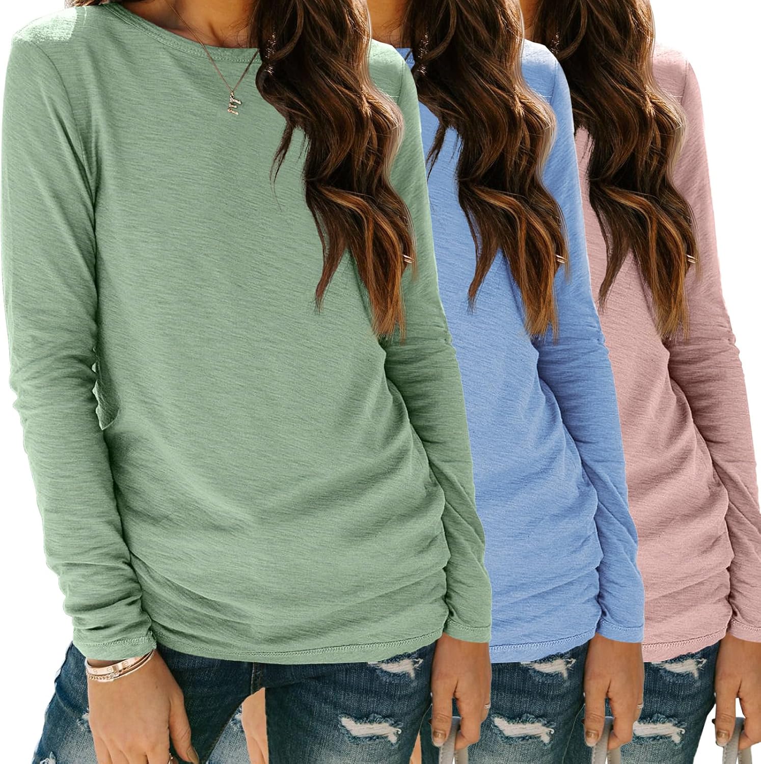 SUNBS Women’s 3-Pack Long Sleeve Tops Loose Fit Fall Shirts 2025 Basic Casual Tees