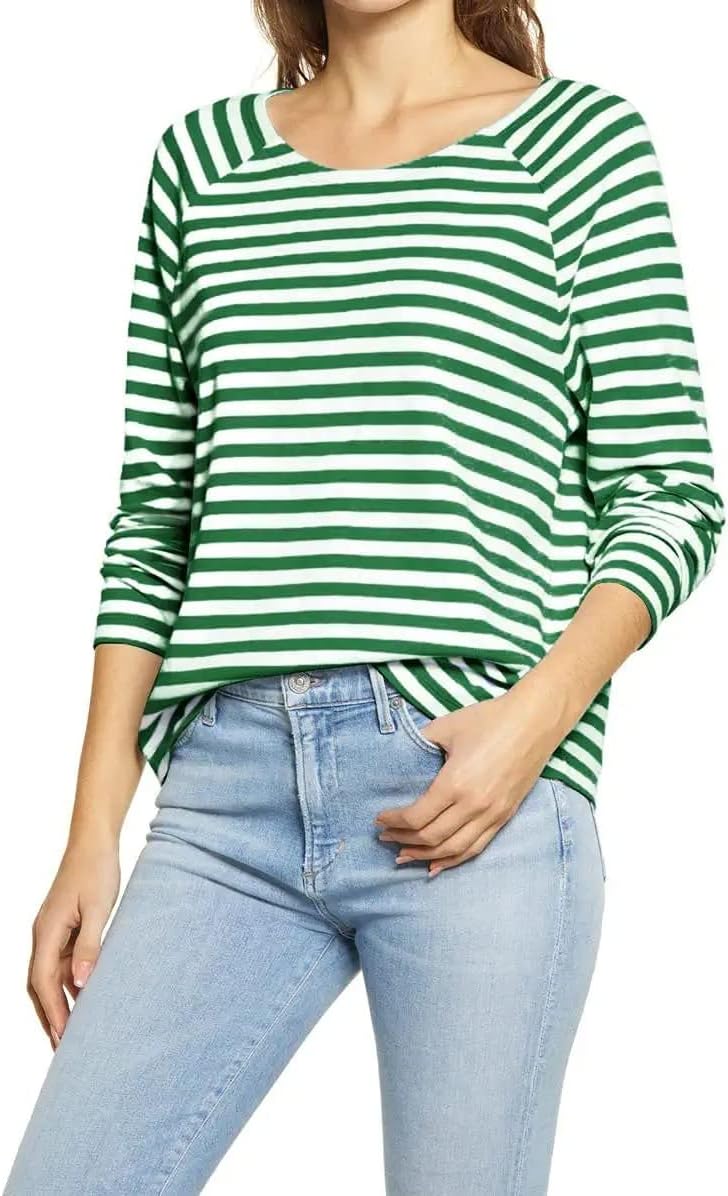 Ladiyo Women’s Casual Striped Long Sleeve Crewneck Top Lightweight Tunic Pullover