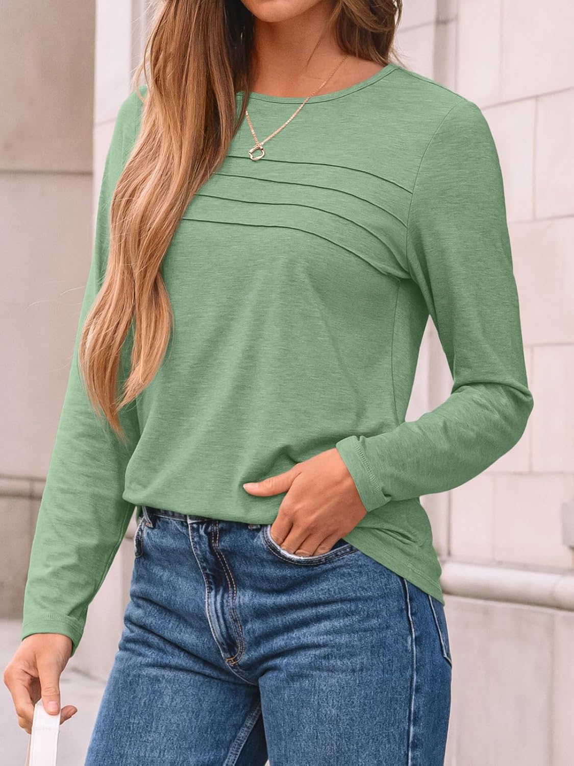 AUTOMET Women’s Long Sleeve Pleated Top – Casual Dressy Business Blouse, Trendy Tunic Basic Shirt