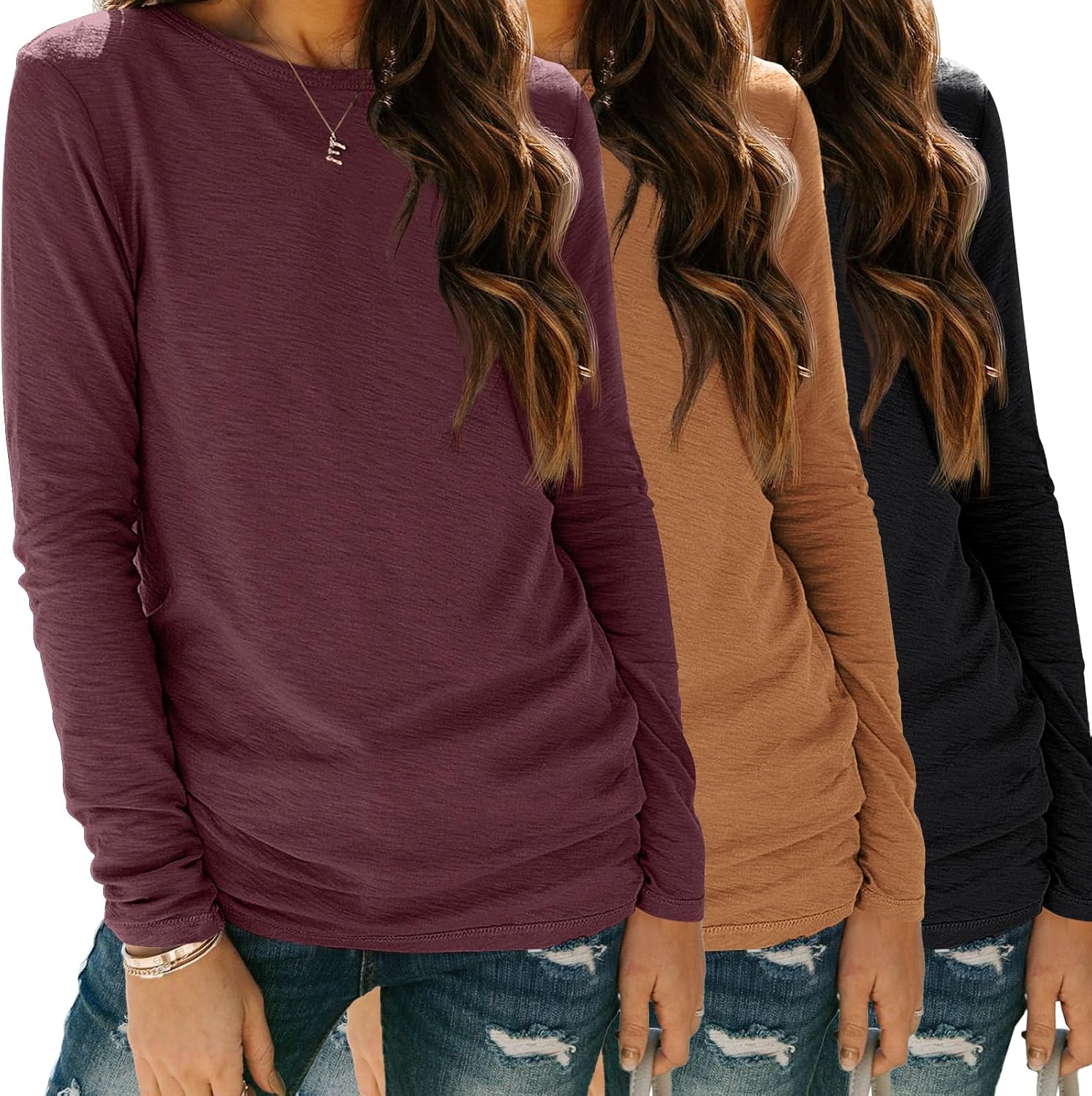 SUNBS Women’s 3-Pack Long Sleeve Tops Loose Fit Fall Shirts 2025 Basic Casual Tees