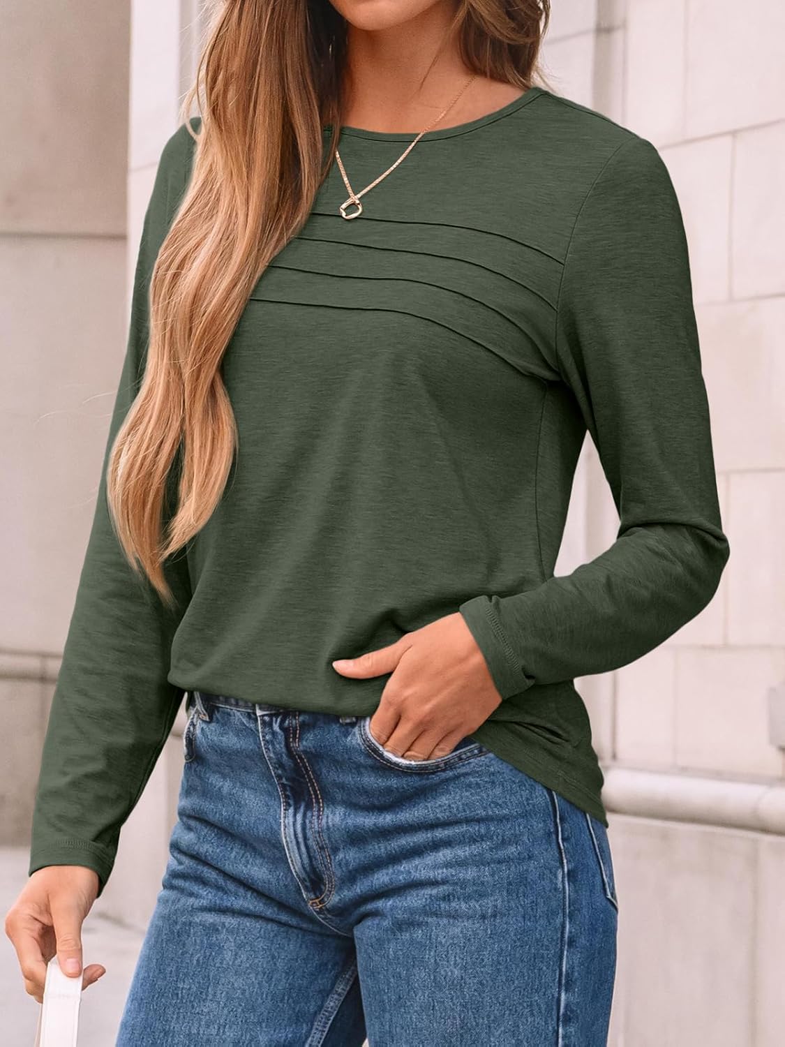 AUTOMET Women’s Long Sleeve Pleated Top – Casual Dressy Business Blouse, Trendy Tunic Basic Shirt