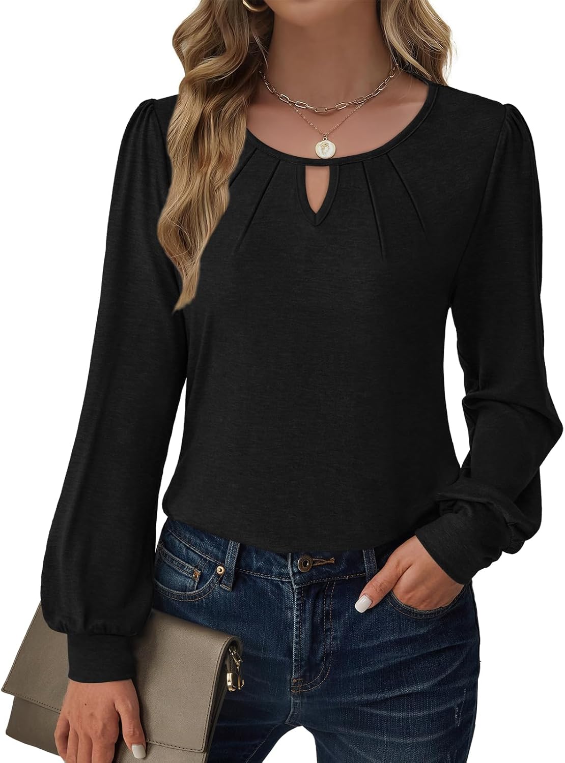 Women’s Long Sleeve V-Neck Tops 2025 Fall Loose Fit Business Casual Blouses