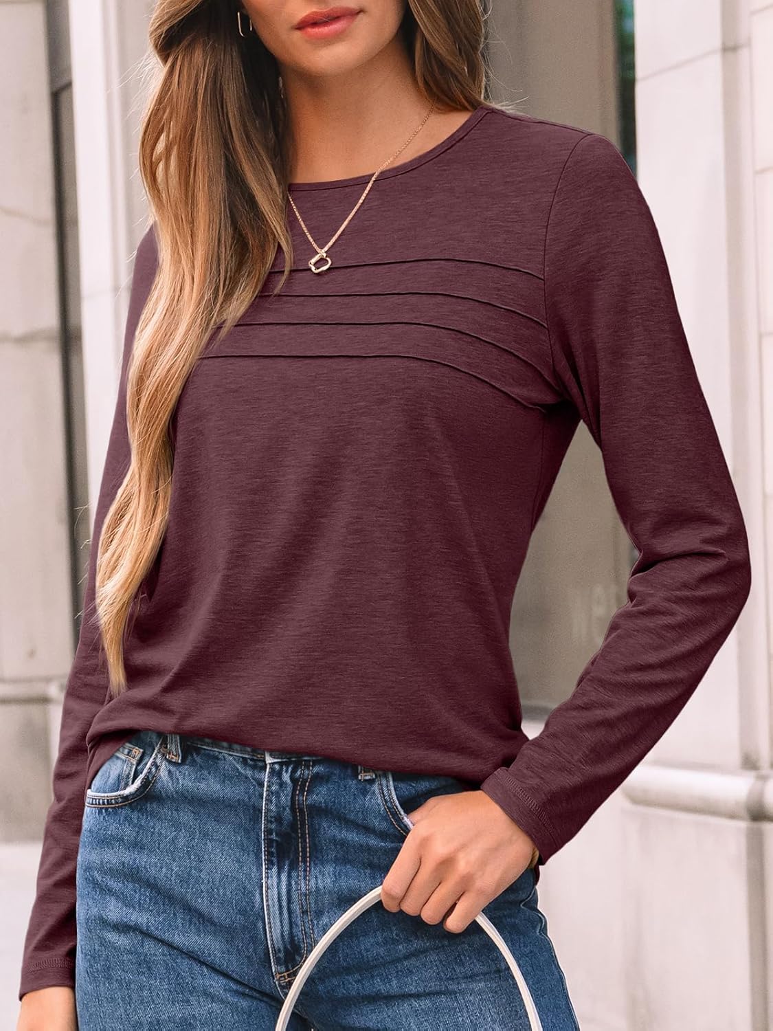 AUTOMET Women’s Long Sleeve Pleated Top – Casual Dressy Business Blouse, Trendy Tunic Basic Shirt