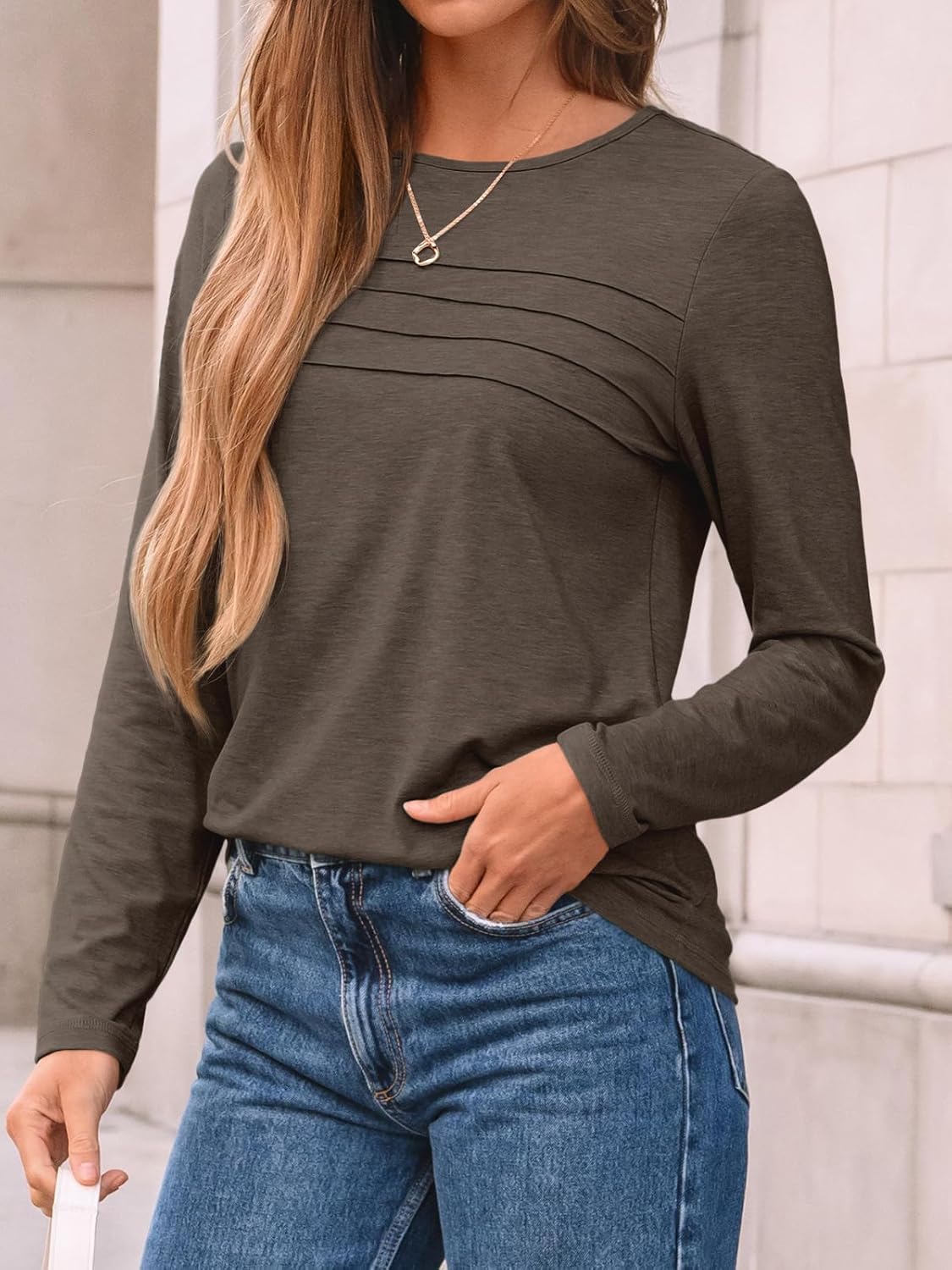 AUTOMET Women’s Long Sleeve Pleated Top – Casual Dressy Business Blouse, Trendy Tunic Basic Shirt