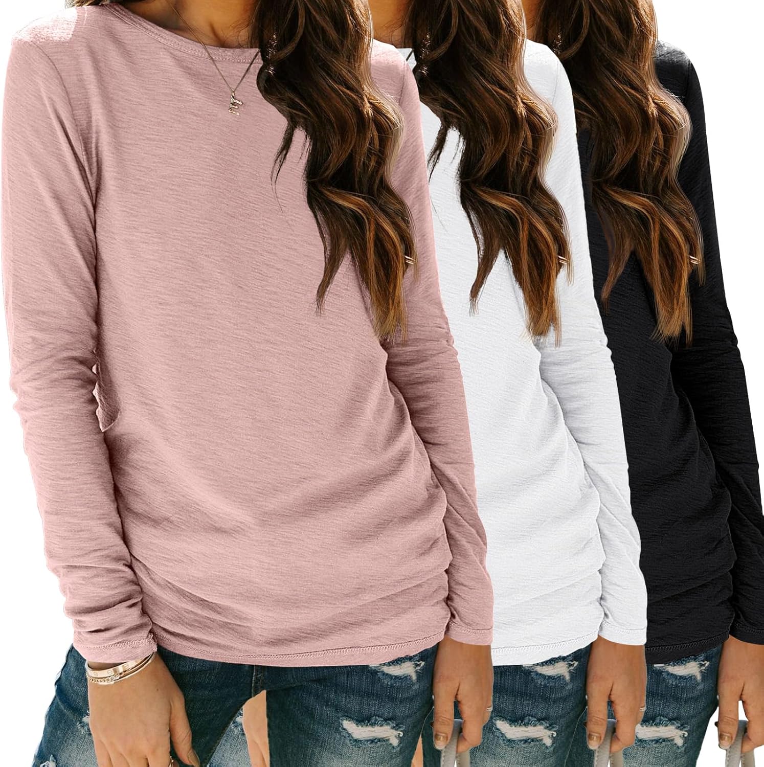 SUNBS Women’s 3-Pack Long Sleeve Tops Loose Fit Fall Shirts 2025 Basic Casual Tees