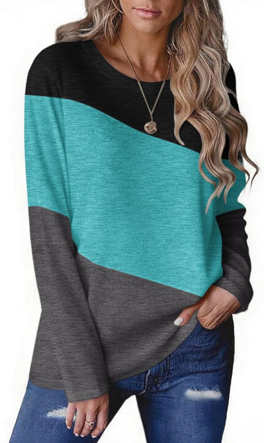 Zeagoo Women’s Long Sleeve Color Block Tunic Tops 2025 Casual Round Neck Pullover