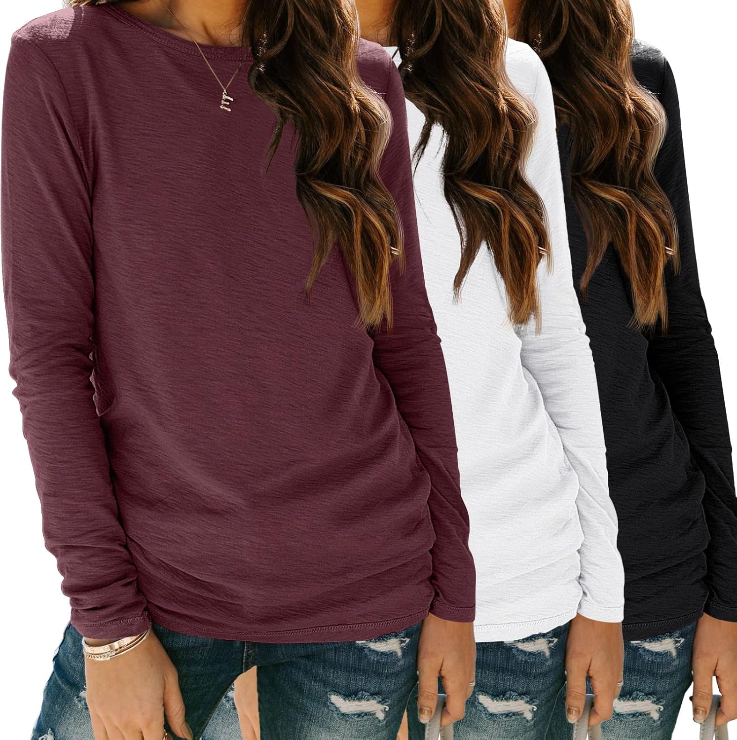 SUNBS Women’s 3-Pack Long Sleeve Tops Loose Fit Fall Shirts 2025 Basic Casual Tees